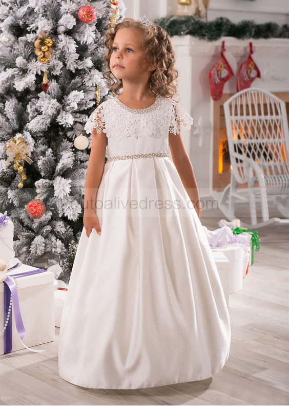Ivory Beaded Lace Satin Floor Length Sparkly Flower Girl Dress